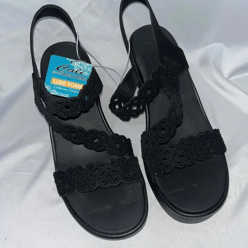 Skechers Luxe Foam Wedge Sandals Women’s Size 11 Black Rhinestone Strappy 2.5 in